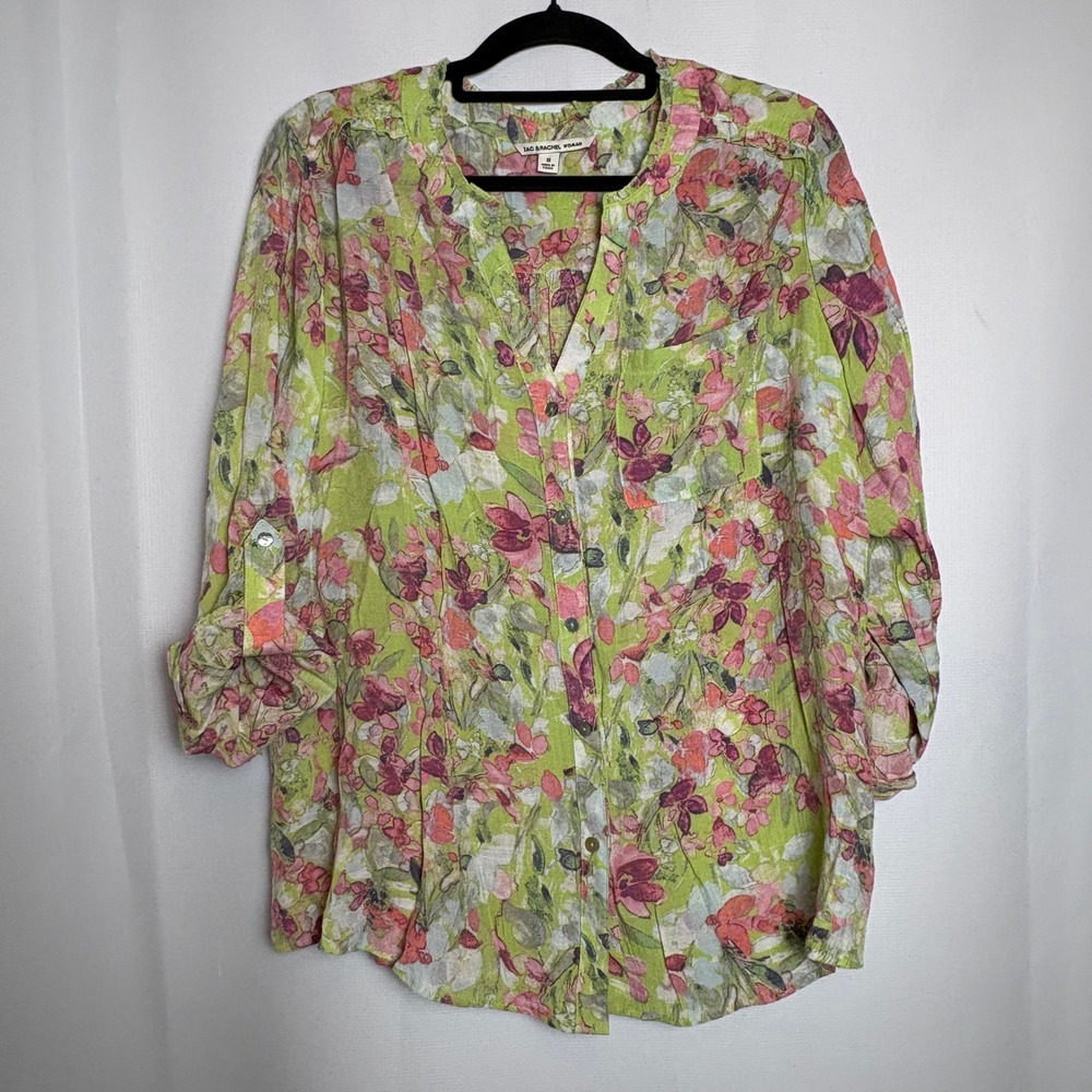 Zac & Rachel Woman 1X Floral Print Button Up‎ Roll Tab Sleeve Blouse Career Boho